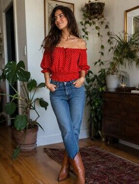 Red Polka Dot Off-Shoulder Smocked Women's Top